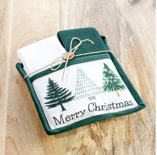 Merry Tree Tea Towel and Pot Holder Hostess Set