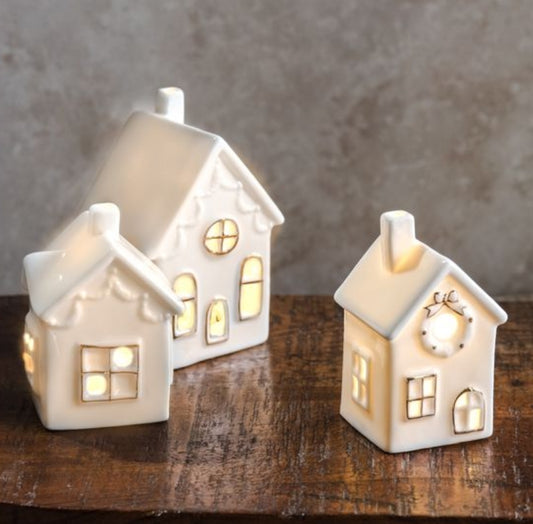 Set of 3 White Mini LED Houses