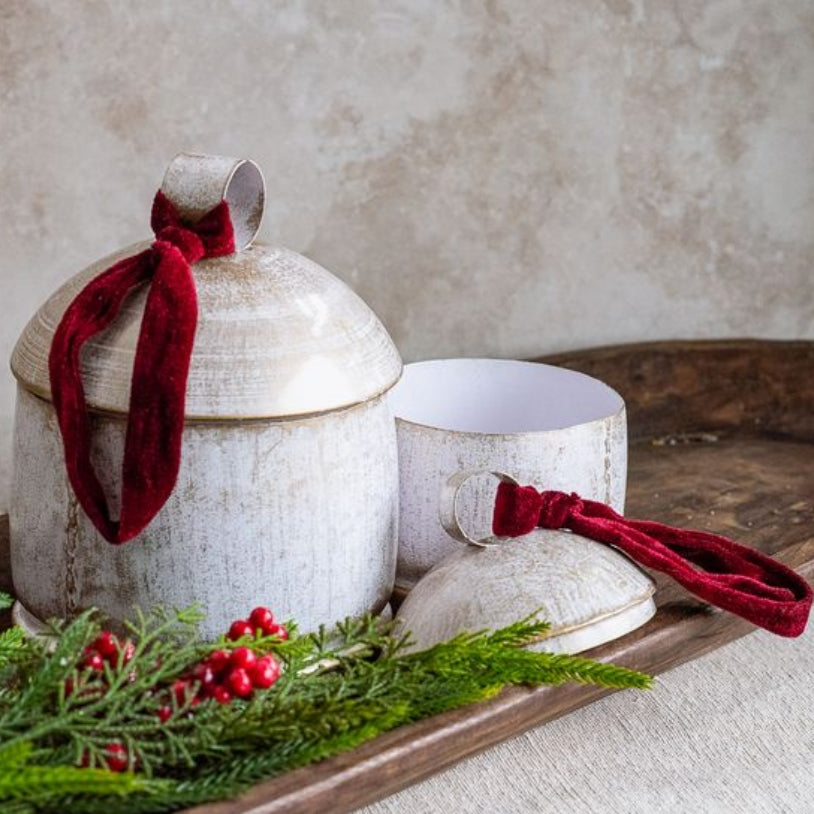 White, Gold & Velvet Metal Bell Canisters- Assorted Sizes