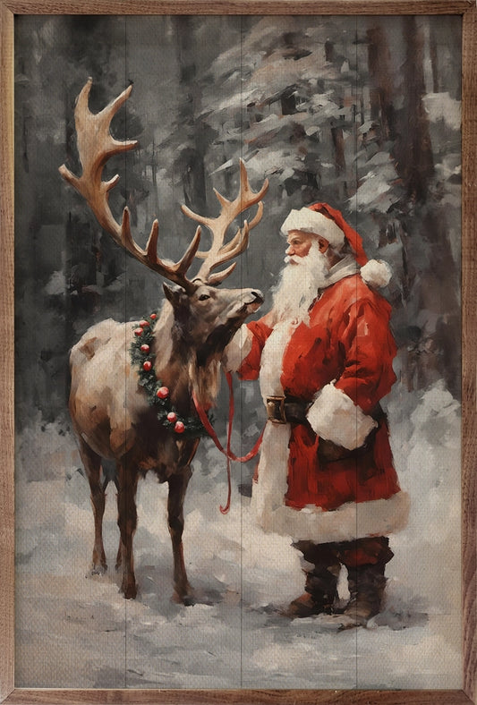 Santa & Reindeer Wood Art Print- 16" x 24"