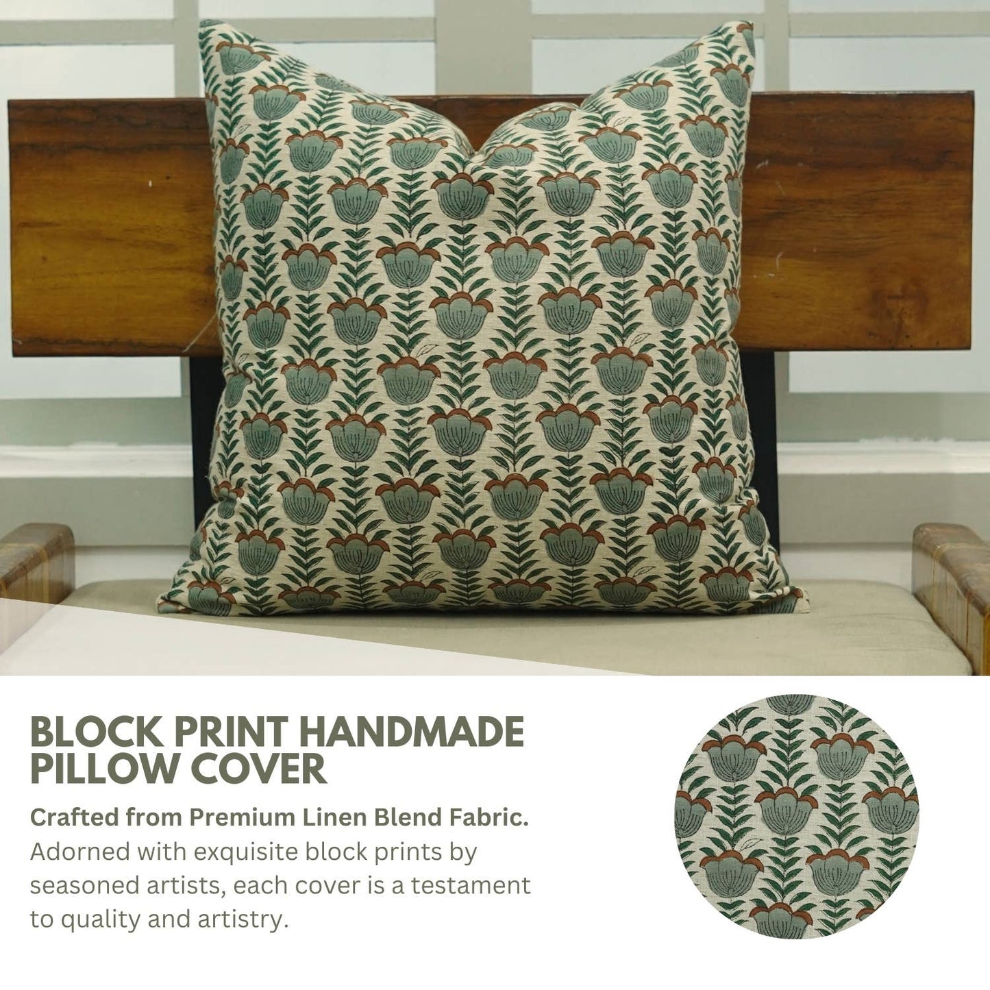 Tulipa Block Print Linen Blend Pillow Cover -18X18
