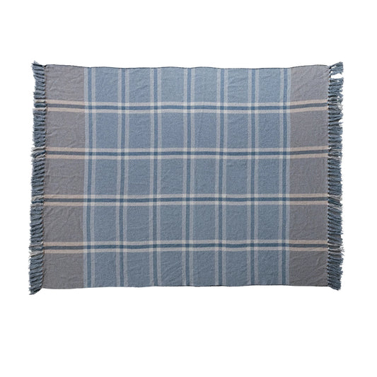 Blue Plaid Woven Fringe Throw Blanket