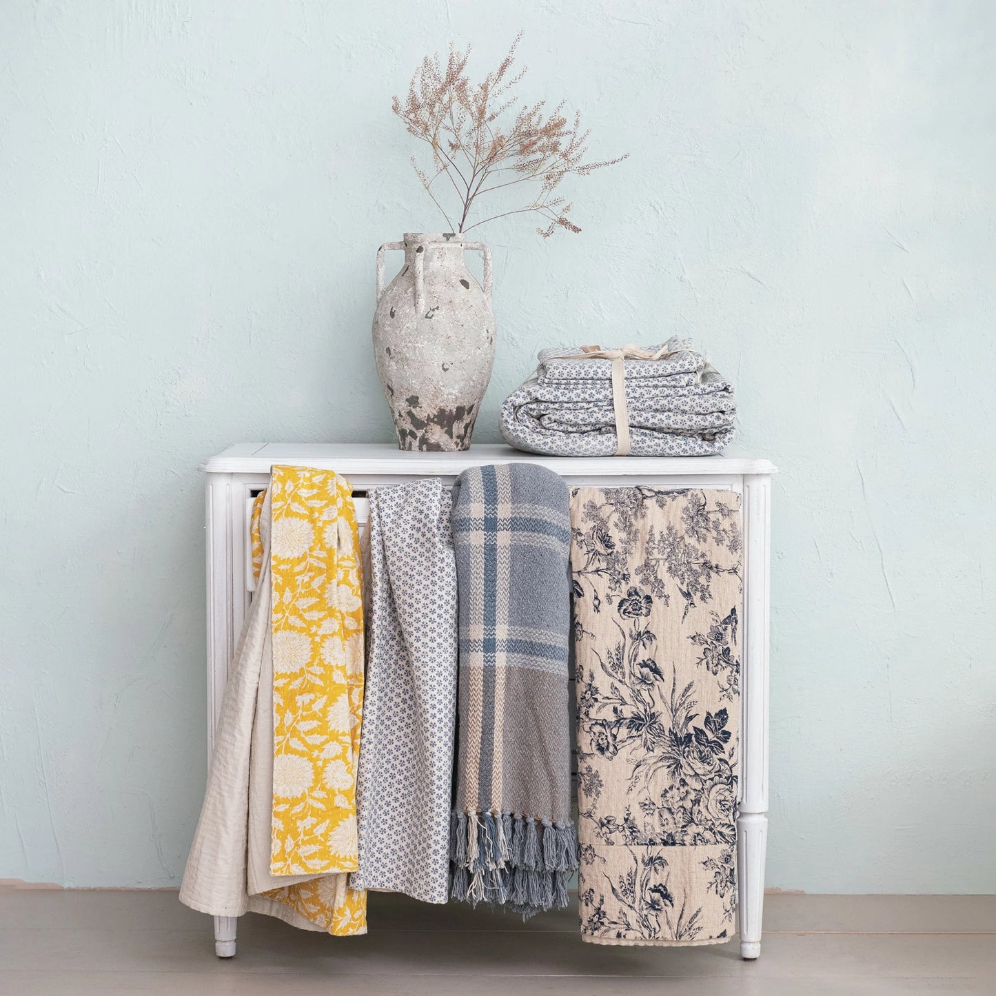 Blue Plaid Woven Fringe Throw Blanket