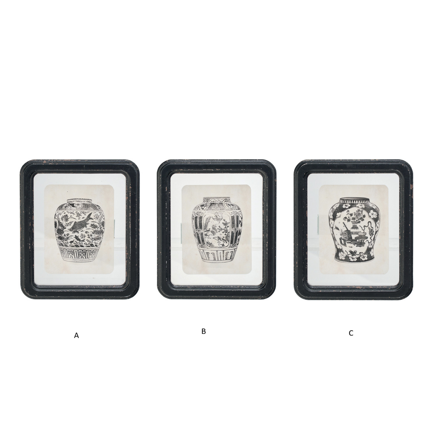 Floating Chinoiserie Vase Art in Distressed Black Frame- Assorted Style