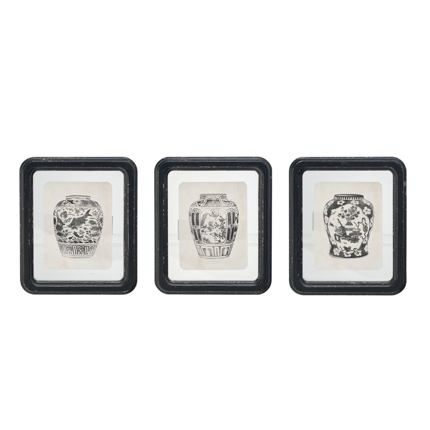 Floating Chinoiserie Vase Art in Distressed Black Frame- Assorted Style
