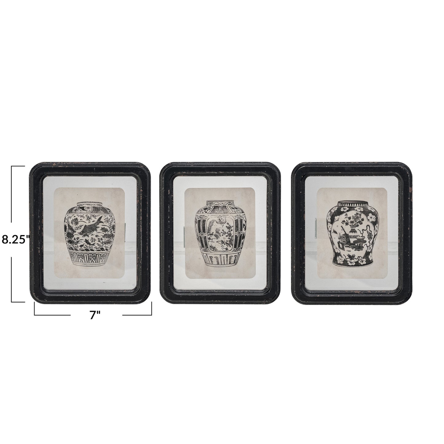 Floating Chinoiserie Vase Art in Distressed Black Frame- Assorted Style