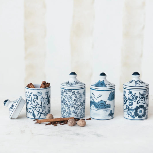 Hand Painted Mini Blue & White Floral Jars