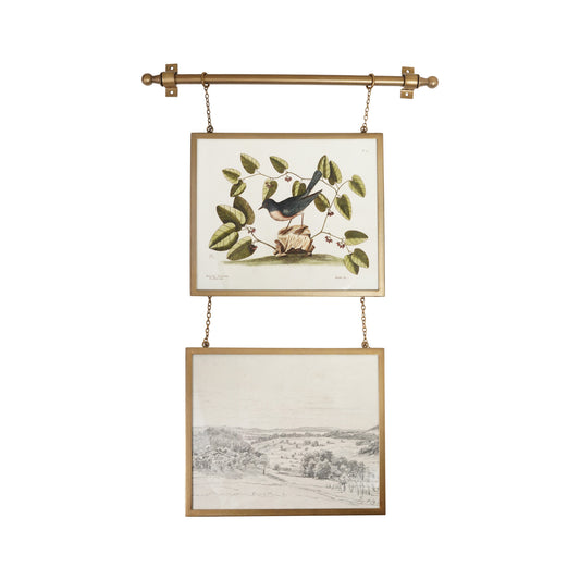 Antiqued Gold Double Hanging System with Metal Framed Glass Art