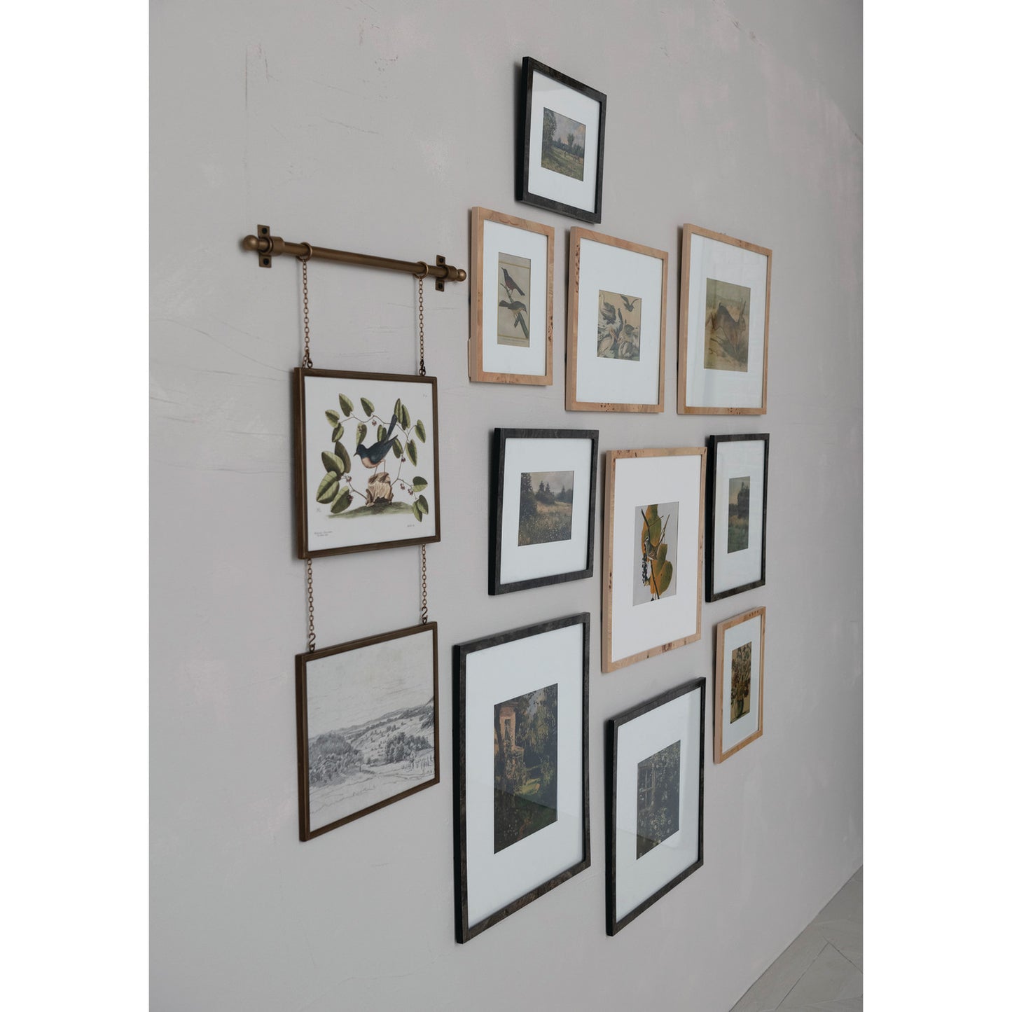 Antiqued Gold Double Hanging System with Metal Framed Glass Art