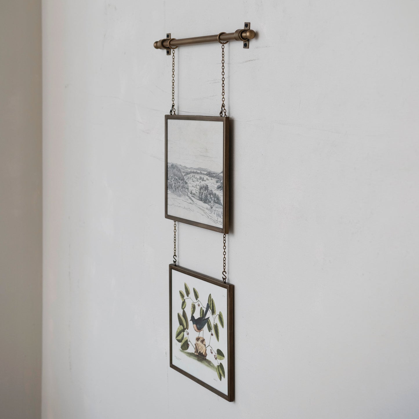 Antiqued Gold Double Hanging System with Metal Framed Glass Art