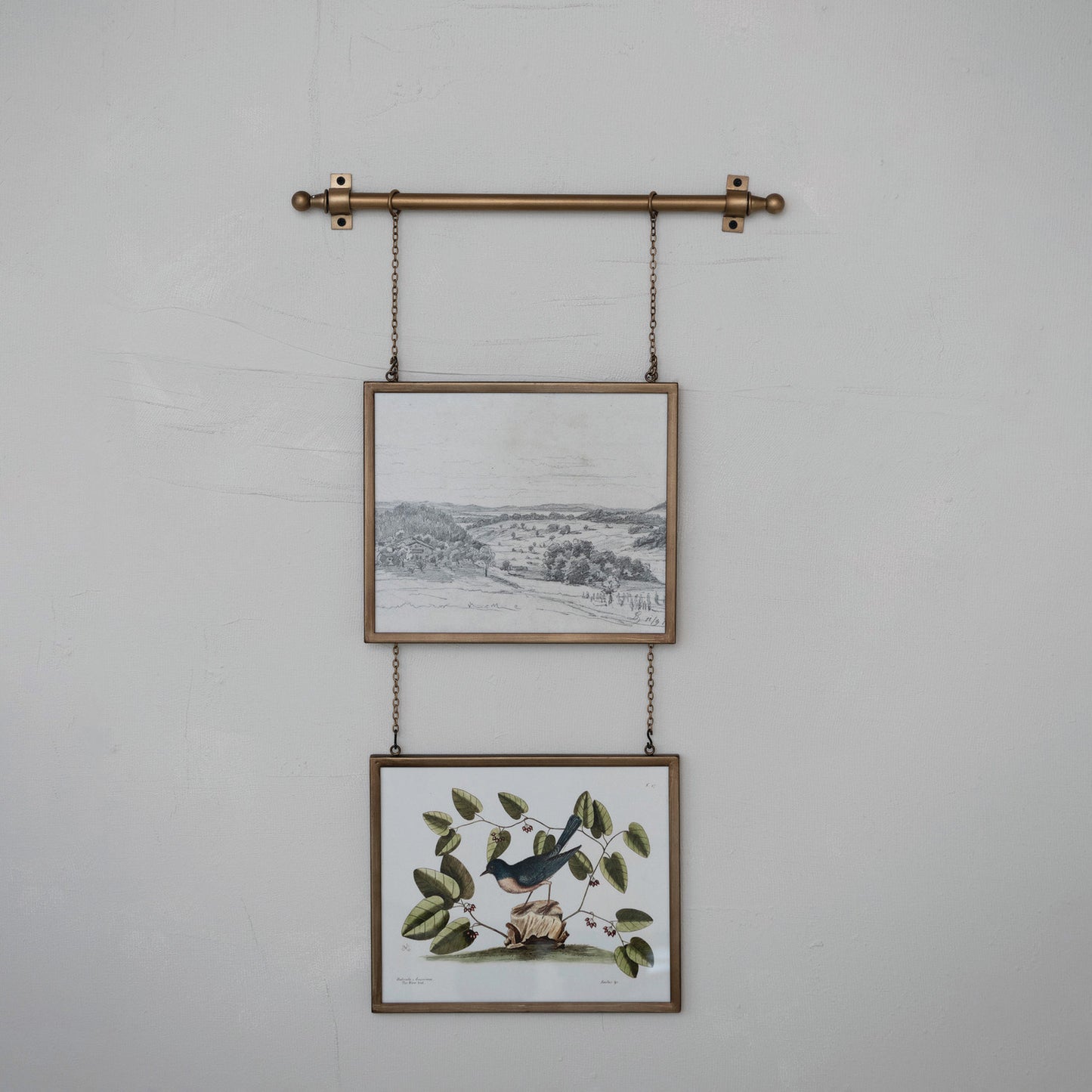 Antiqued Gold Double Hanging System with Metal Framed Glass Art