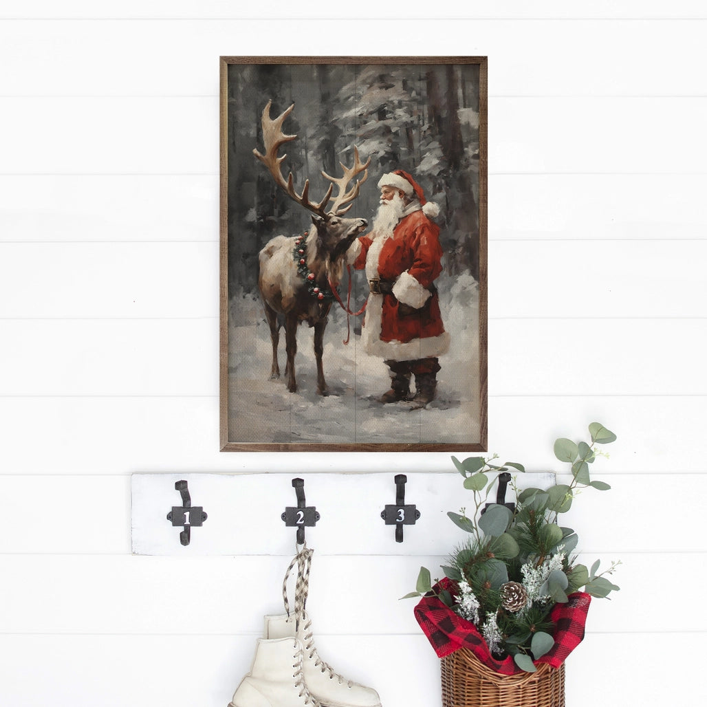 Santa & Reindeer Wood Art Print- 16" x 24"