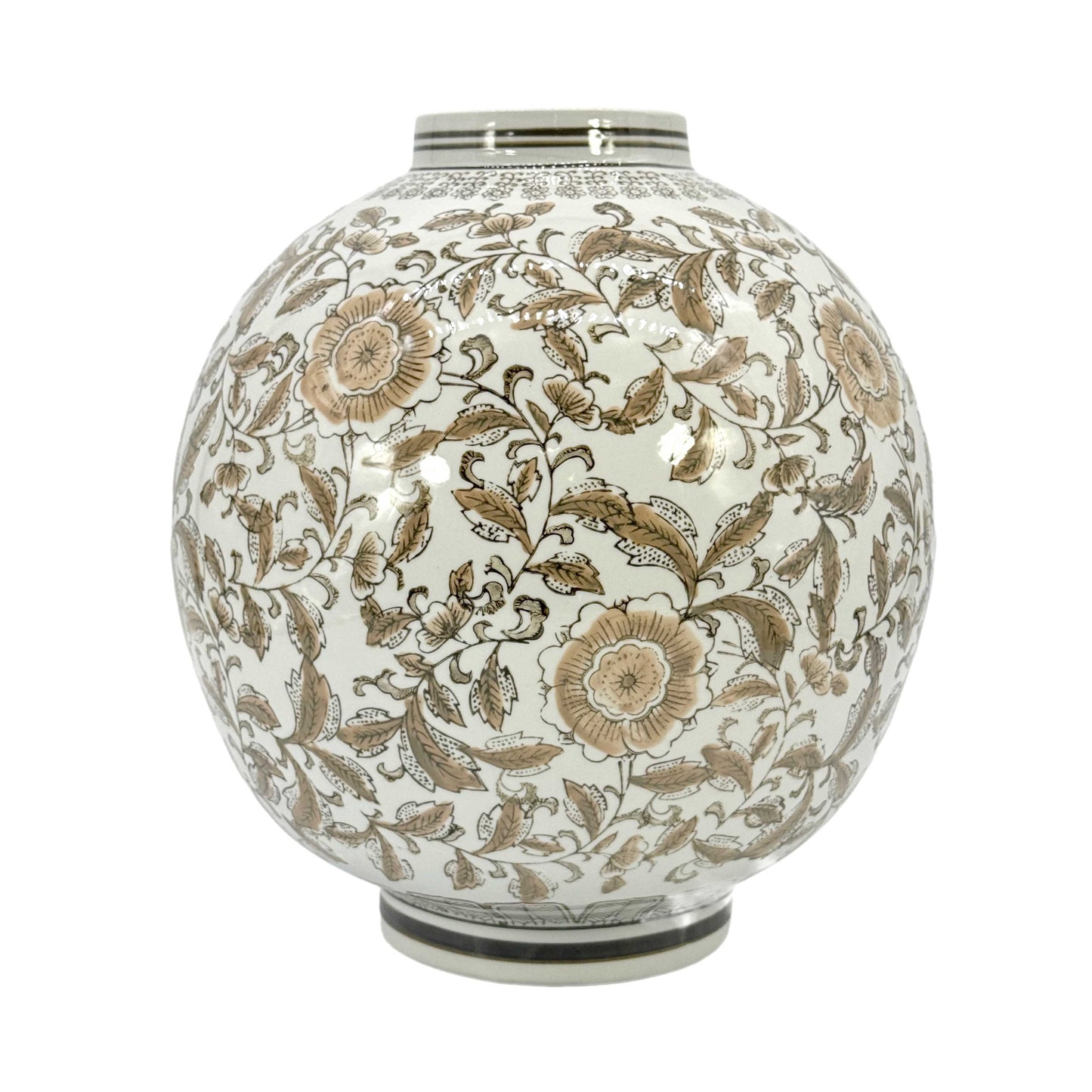 Oversized Ceramic Globe Chinoiserie Vase Flowers-Brown