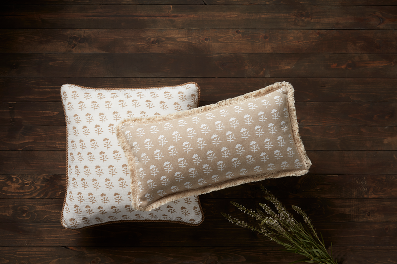 White & Beige Square Block Print Pillow with Jute Detail