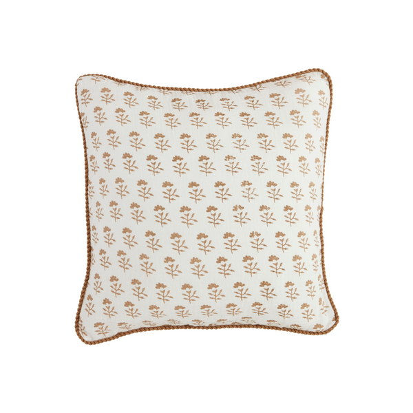 White & Beige Square Block Print Pillow with Jute Detail