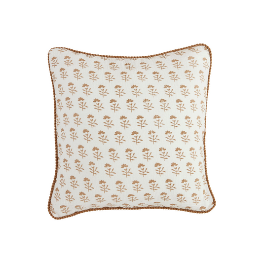 White & Beige Square Block Print Pillow with Jute Detail