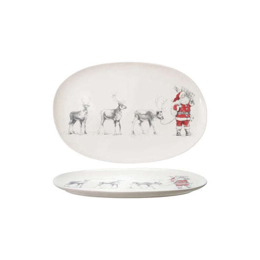 Santa Leading Reindeer Oval Tray